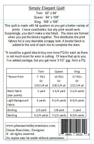 #434 Simply Elegant Quilt Pattern From Pleasant Valley Creations By Diana Beaubien - PAPER/PRINTED