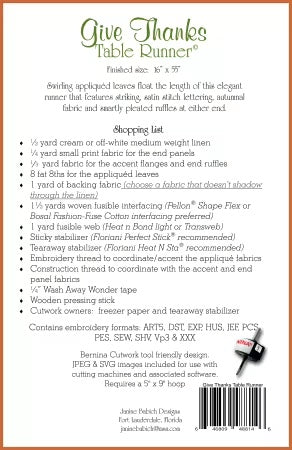 Give Thanks Table Runner Machine Embroidery From Janine Babich Design - PAPER/PRINTED - DOWNLOAD KEY INCLUDED