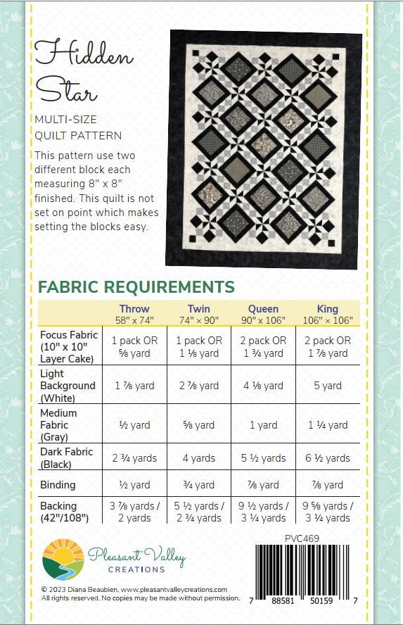 #469 Hidden Star Quilt Pattern From Pleasant Valley Creations By Diana Beaubien - PAPER/PRINTED
