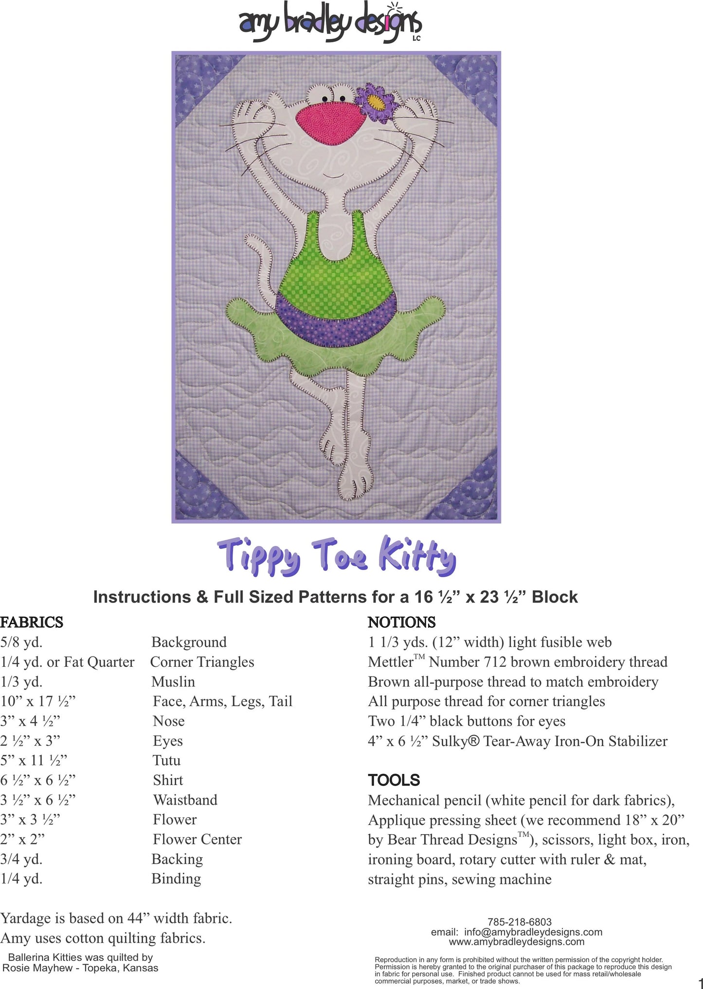Tippy Toe Kitty (Block Five of Ballerina Kitties) From Amy Bradley Designs - PAPER/PRINTED