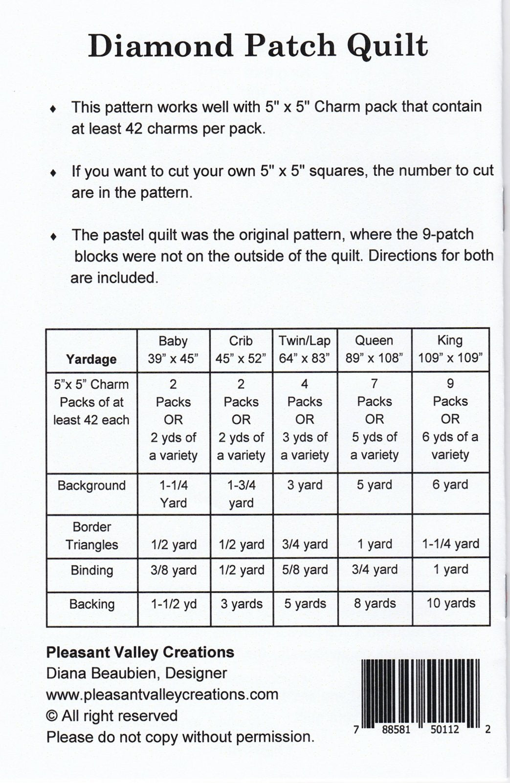 #415 Diamond Patch Pattern From Pleasant Valley Creations By Diana Beaubien - PAPER/PRINTED