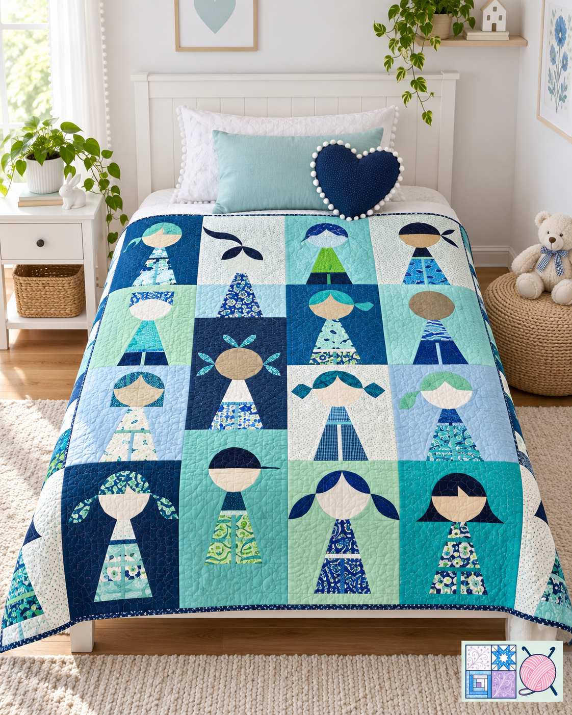 Happy Together quilt pattern color variation in cool blues and teals, styled on a bed in a bright bedroom