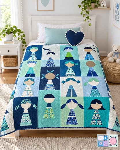 Happy Together quilt pattern color variation in cool blues and teals, styled on a bed in a bright bedroom