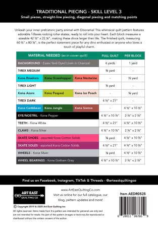 Dinorma T-Rex on Roller Skates Quilt Pattern From Art East Quilt Co - PAPER/PRINTED