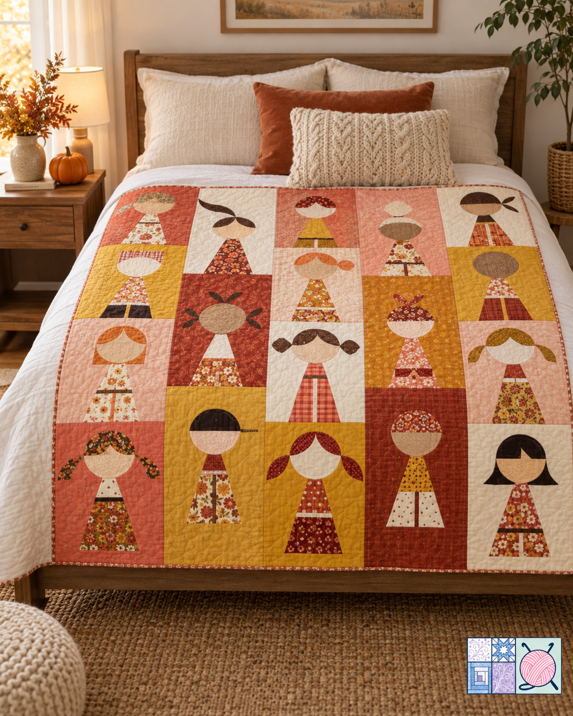 Happy Together quilt pattern color variation in warm coral, rust and gold, styled on a bed in a cozy bedroom