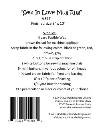 Sew In Love Mug Rug - 327 for Quilt Doodle Designs by Cindy Staub - PAPER/PRINTED