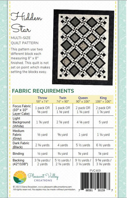 #469 Hidden Star Quilt Pattern From Pleasant Valley Creations By Diana Beaubien - PAPER/PRINTED
